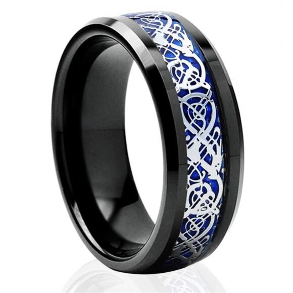 Men's Wedding Band Rings - Blue Black Silver Celtic Dragon Design Wedding Rings - Picture 1 of 8